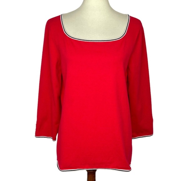 Talbots Sweater Women Large Red Fine Knit Black Stripe Pearl Button Trim Stretch - Picture 1 of 12